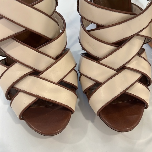 EUC Cole Haan woven leather slingback 4” stacked heel cream brown trim sandals - Picture 2 of 8